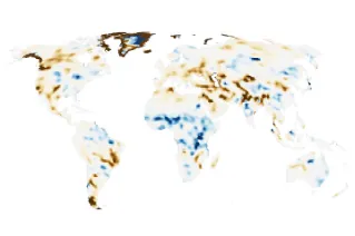 A global map depicts trends of terrestrial water storage over more than two decades, with increases shown in shades of blue and declines in orange and brown.