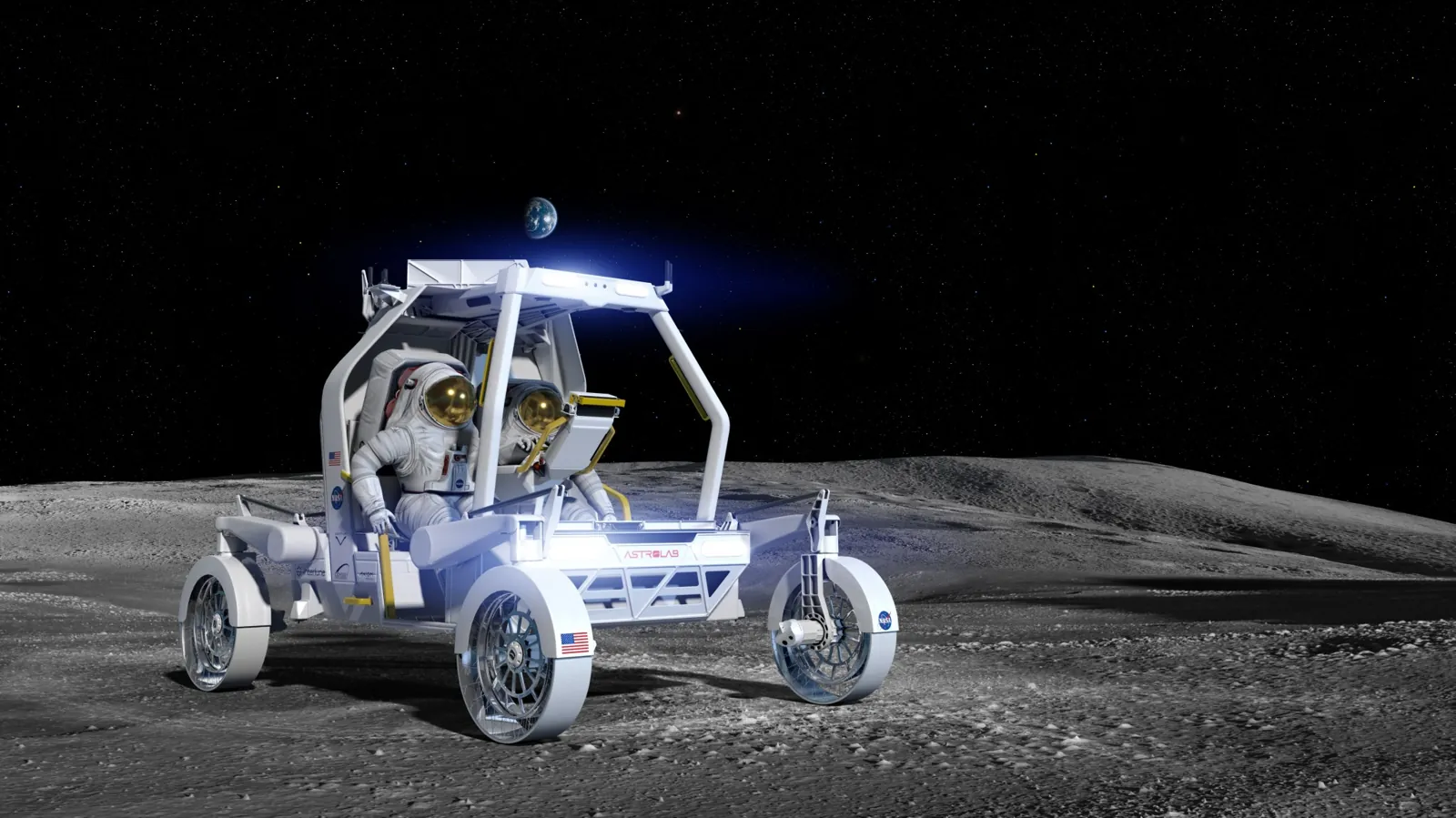 An artist's concept of two astronauts in white spacesuits sitting inside a white unpressurized lunar terrain vehicle developed by Astrolab. A large display is centered between them and the headlights 
