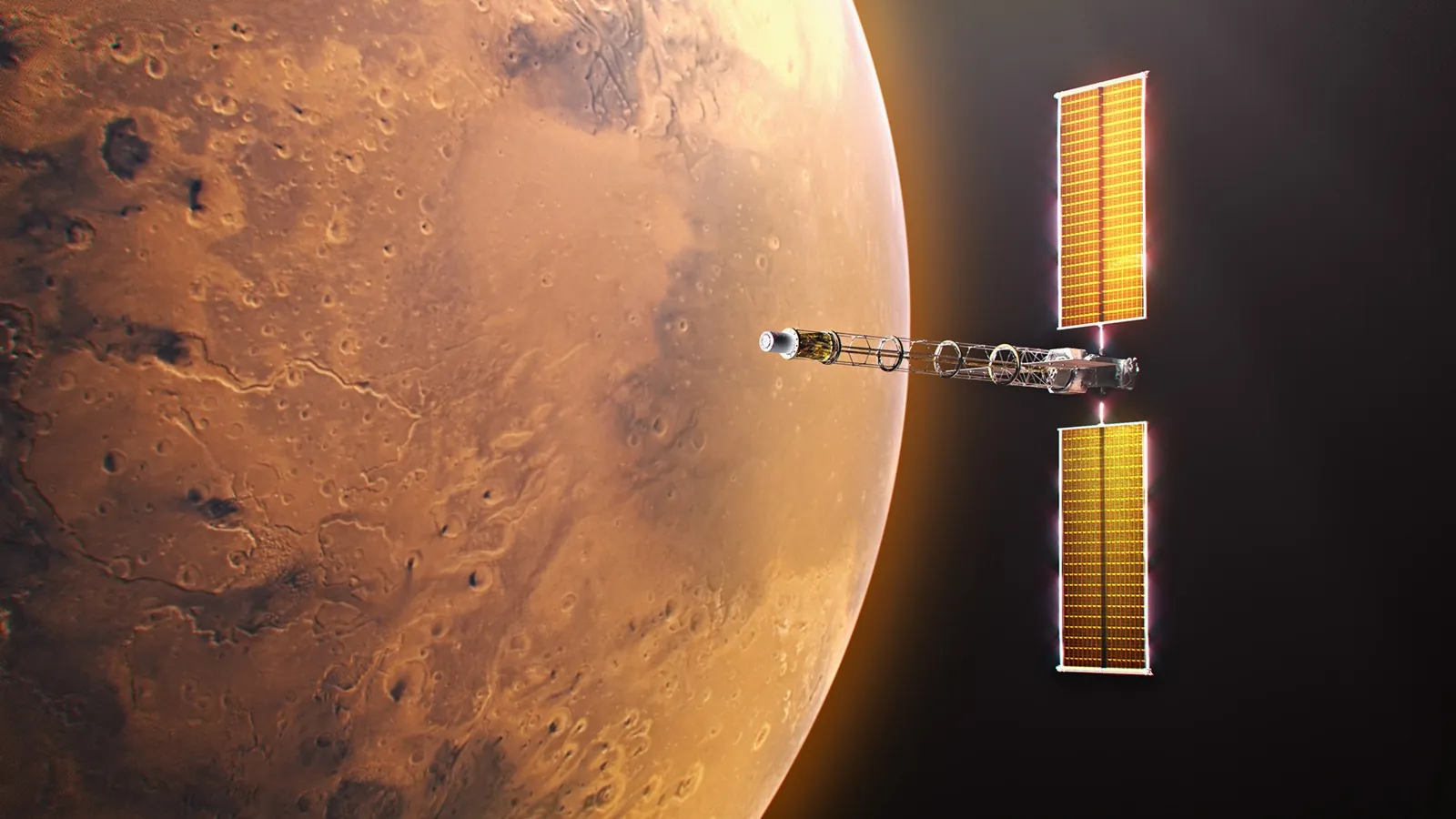 Digital illustration of the Space Reactor-1 (SR-1) Freedom spacecraft in orbit near Mars. The planet's red terrain fills the left half of the frame. On the right, the spacecraft is oriented horizontal