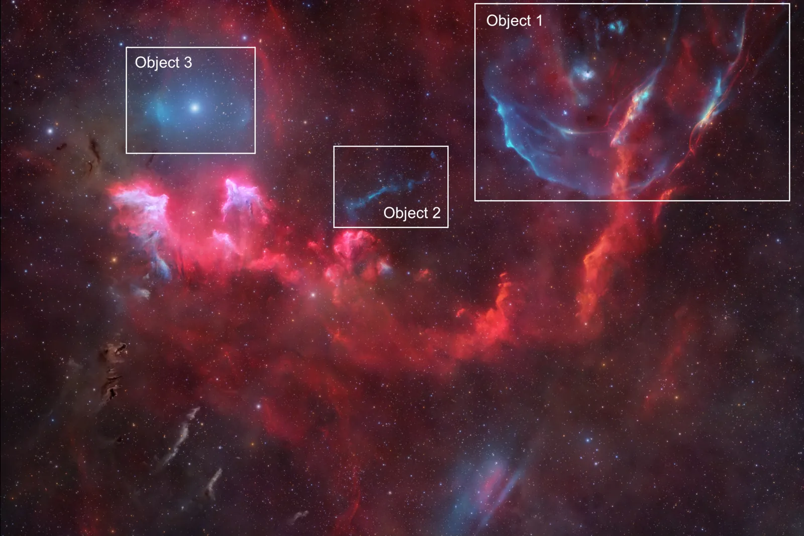 The sky is speckled with stars. Bright tufts of emission nebulae trace across the image's equator. Arcs and smudges of ionized oxygen emission also included. The three new objects visible in oxygen ar
