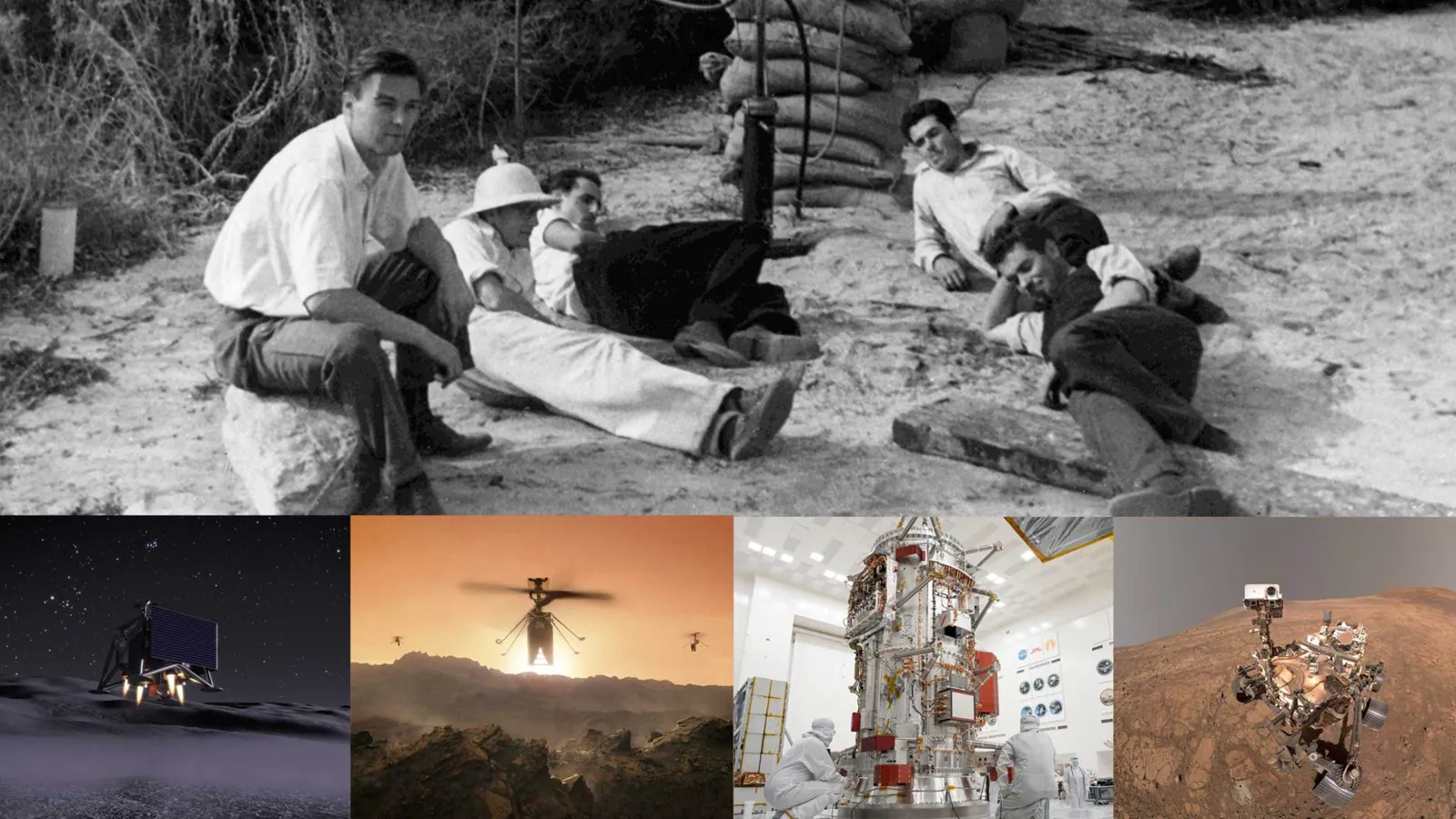 A photo collage featuring five men resting outdoors above four panels showing space exploration hardware: a lunar drone, helicopters over Mars, technicians working on a tall spacecraft in a clean room
