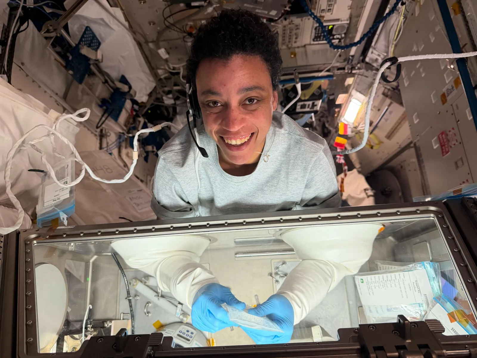 NASA astronaut Jessica Watkins looks up at the camera while doing a science experiment. Her arms and hands are inside a rectangular glovebox that we can see inside. Her arms are covered with the white