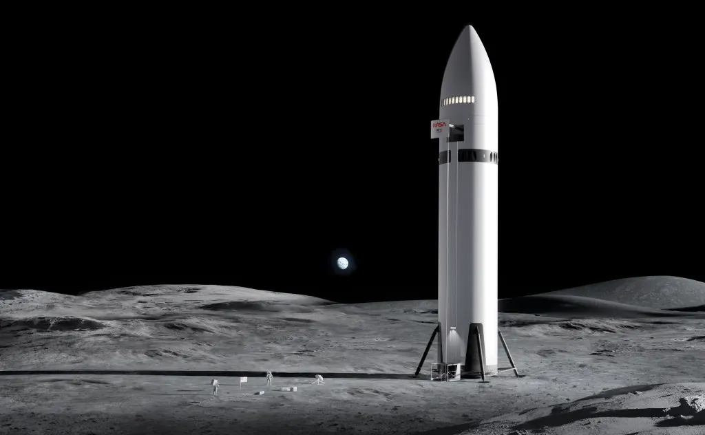 This artist concept depicts SpaceX's Starship lander on the lunar surface.