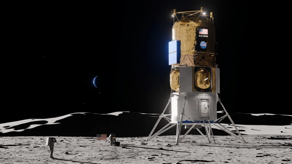 This artist concept depicts Blue Origin's Blue Moon Mark 2 lander on the lunar surface.