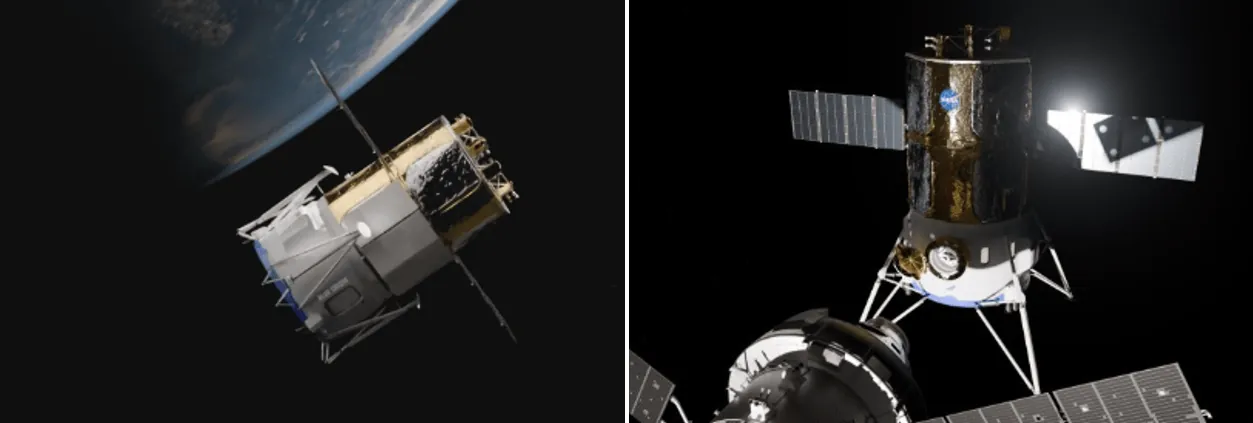 These artist’s concepts depict Blue Origin’s Blue Moon Mark 2 human landing system test article in Earth orbit and docked with NASA’s Orion spacecraft as part of NASA’s upcoming Artemis III demonstrat