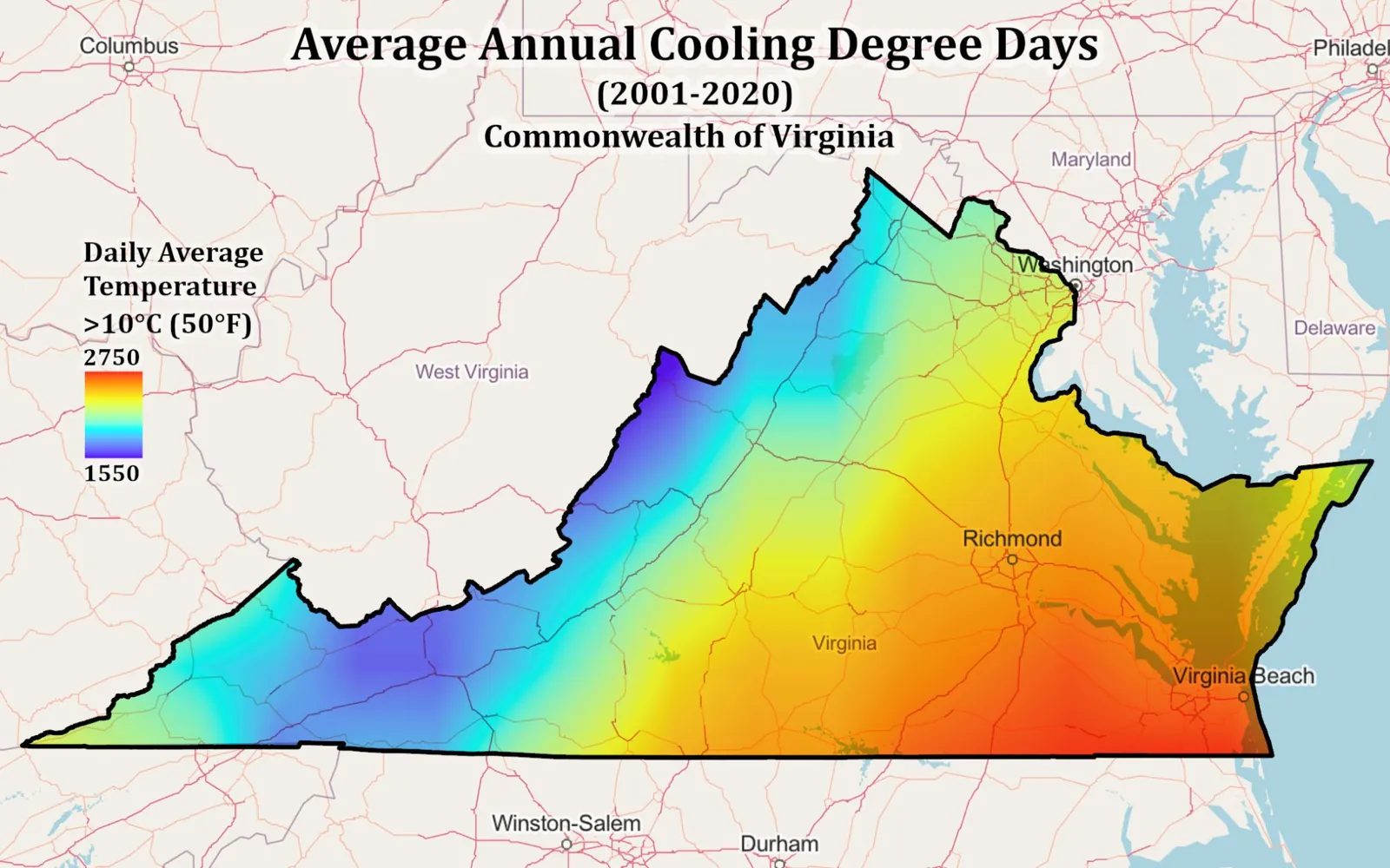 The image shows a graphic map of the state of Virginia with a spectrum of colors across the state that symbolize daily average temperatures from 2001-2020.