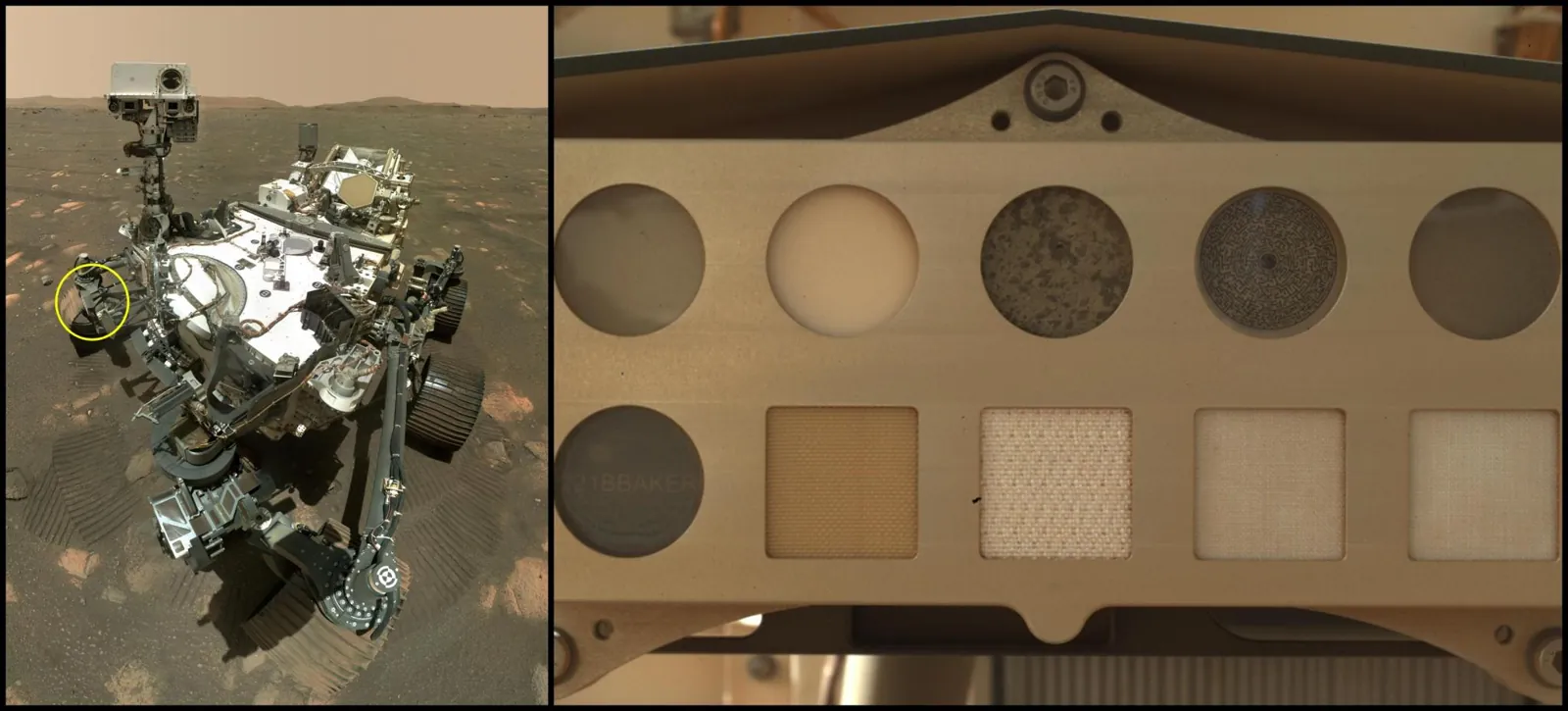 A split view shows a rover on a rocky landscape with a yellow circle highlighting a deck instrument, alongside a close-up of that instrument's calibration target featuring rows of circular and square 