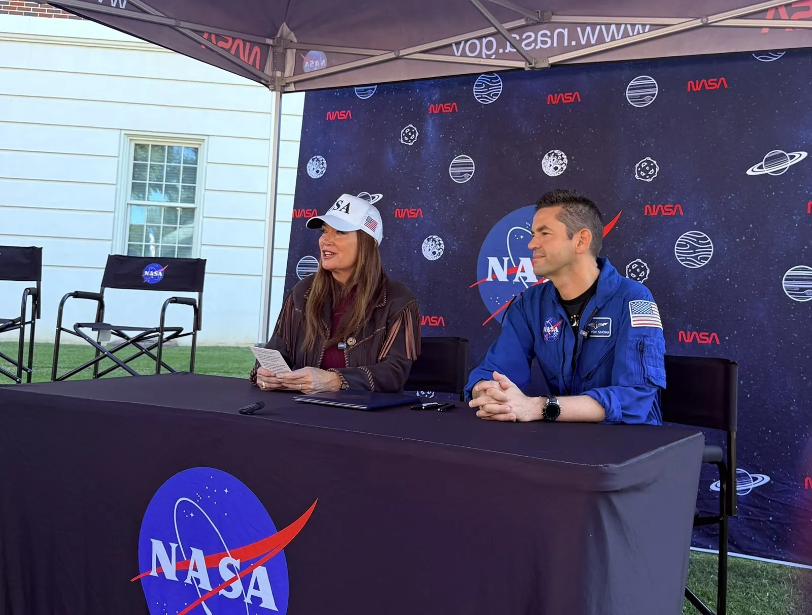 U.S. Secretary of Agriculture Brooke Rollins, left, and NASA Administrator Jared Isaacman signed a Memorandum of Understanding advancing agriculture and Earth science during an event at the University