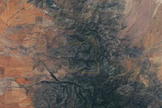 A satellite image shows Chiricahua National Park outlined in yellow amid mountainous terrain. Within the park, gray ridges are cut by green, vegetated canyons, two of which are labeled Bonita Canyon a