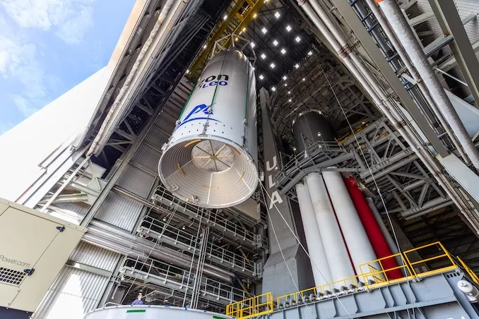 United Launch Alliance (ULA) hoists the Amazon Leo mission payload atop the Vulcan rocket in the new Amazon Vertical Integration Facility (VIF-A) at Cape Canaveral Space Force Station. The Vulcan Leo 