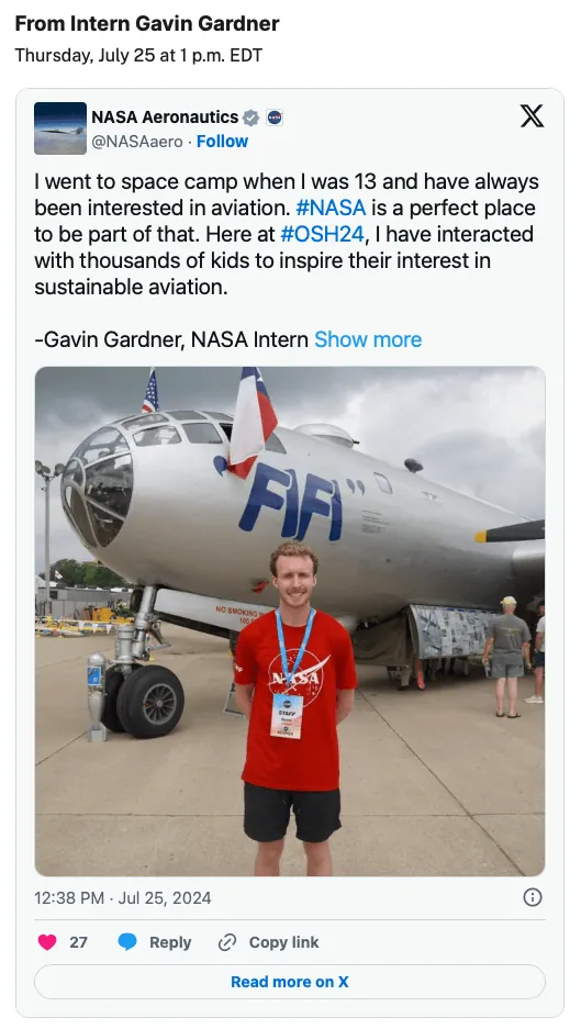Screen shot of Gavin Gardner's intern post whee he is standing in front of the FIFI aircraft wearing a red NASA t-shirt and dark shorts.